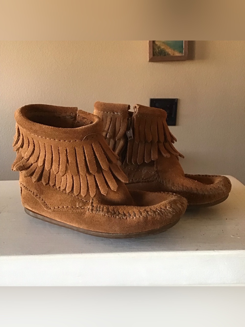 Kids Unisex Minnetonka Brown Suede Fringe Moccasins (8)